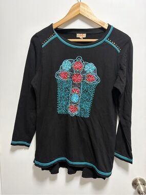 Scully Womens Black Floral Embroidered Studded Western Long Sleeve Size Small